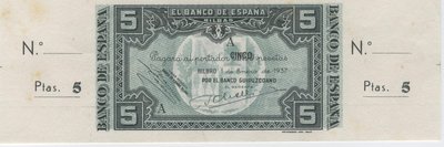 1 Enero 1937. Banco de España. Bilbao 5 Pesetas